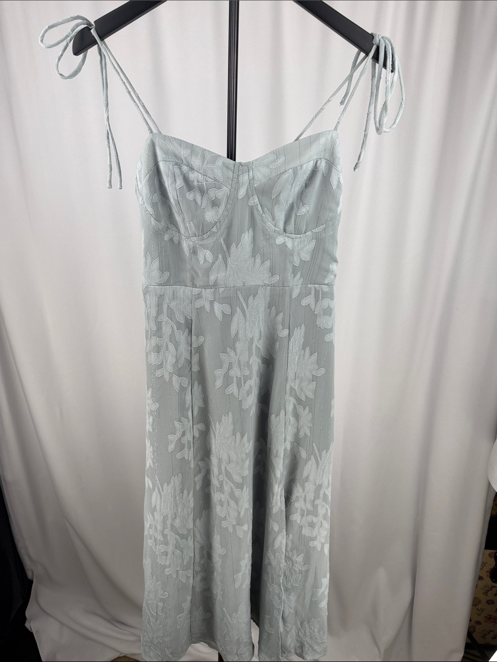 Lulus Loveliest Looks Dusty Blue Floral Jacquard Tie-Strap Midi Dress